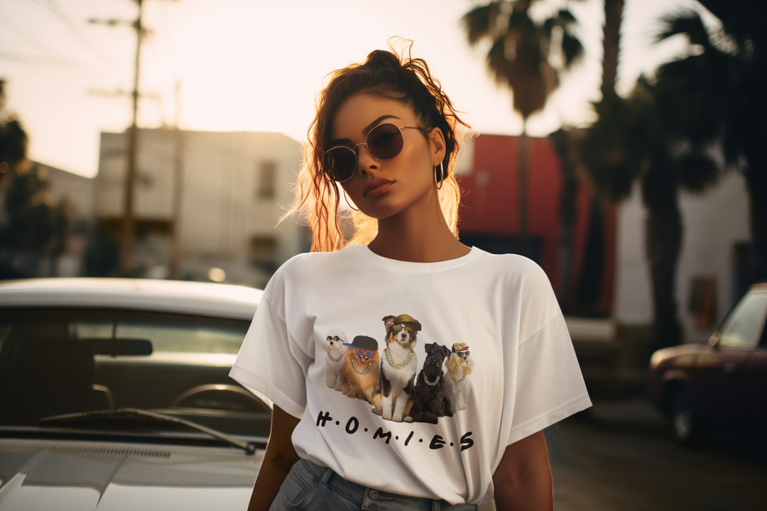 Woman wearing a white t-shirt with animal graphics and text, standing outdoors.