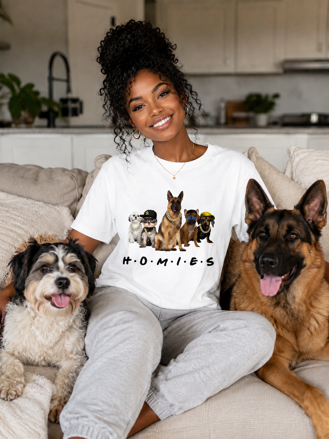 Woman wearing white Hip Hop HOMIES German Shepherd T-shirt with dogs