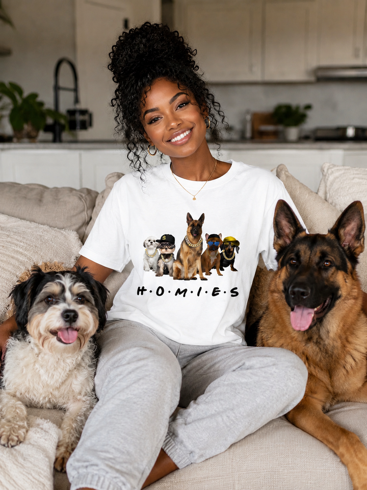 Woman wearing white Hip Hop HOMIES German Shepherd T-shirt with dogs