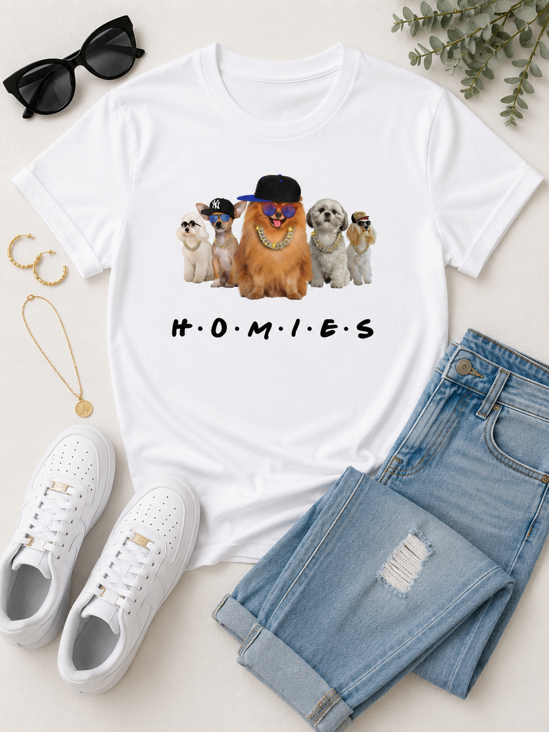 White Hip Hop HOMIES Pomeranian T-shirt styled flat lay