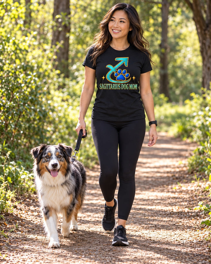 Sagittarius Dog Mom lifestyle walking with Australian Shepherd