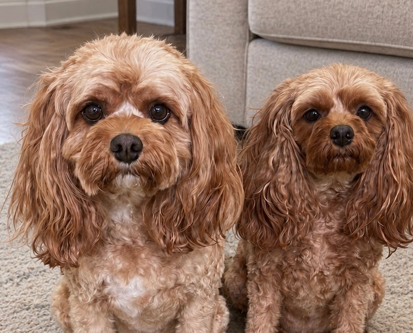 Close-up of Star and Skye sitting together at home